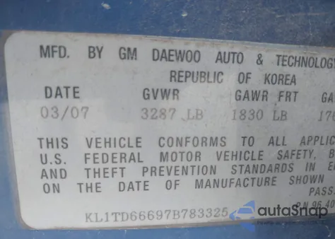 2007 Chevrolet Aveo 5 Ls z USA, uszkodzony, nr VIN KL1TD66697B783325